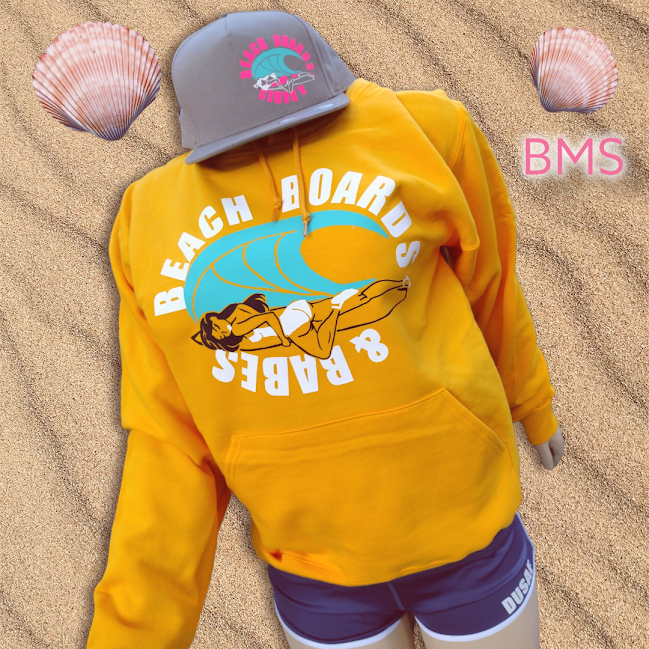 Gold Hoodie Beach Boards & Babes logo blue and white Babes