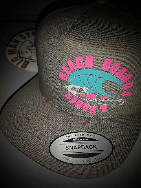 Grey snapback cap Beach Boards & Babes logo blue and pink